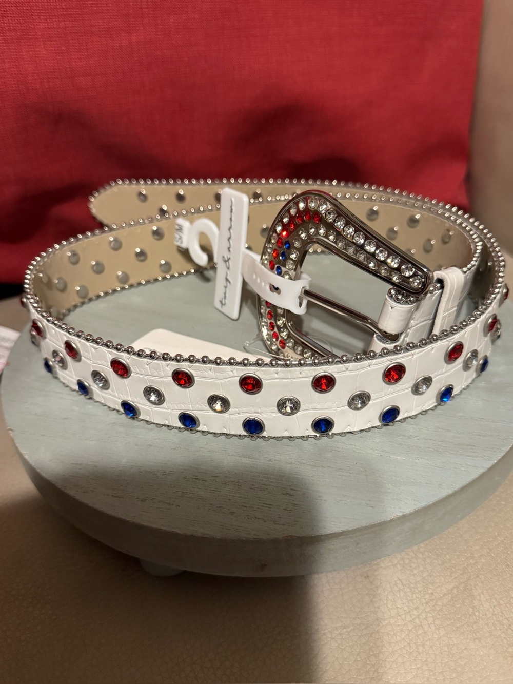 Time and Tru White Belt with Red, Blue & Clear Crystal Accents